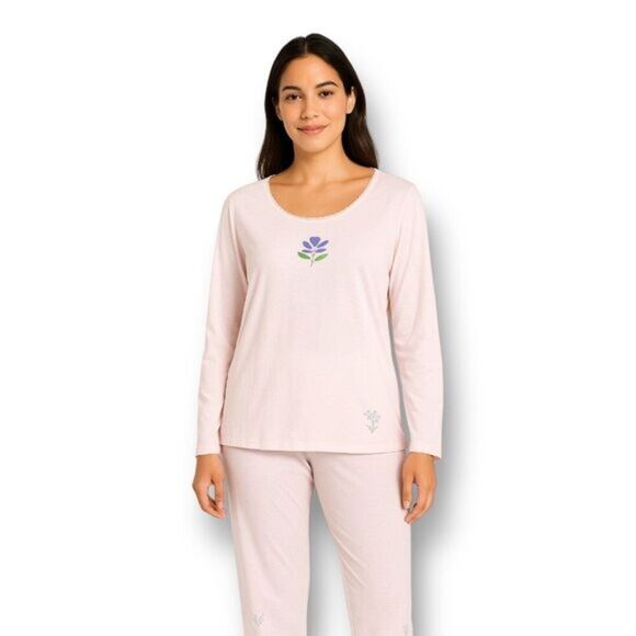 Charter Club Intimates L Pink Pajama Top NWT Floral Beaded Cotton Sleep Shirt - Picture 1 of 7